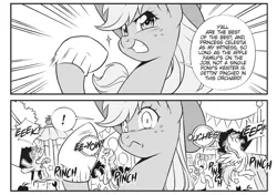 Size: 1967x1384 | Tagged: safe, derpibooru import, official, applejack, berry punch, berryshine, bon bon, snails, sweetie drops, earth pony, pegasus, pony, unicorn, my little pony: the manga, my little pony: the manga volume 1, spoiler:manga, spoiler:manga1, butt touch, butthurt, clothes, crab apple, crabs, female, gloves, hoof on butt, instantly proven wrong, literal butthurt, male, mare, monochrome, official comic, pain, pain star, pinch, pinching, pun, shrunken pupils, this is going to hurt, wide eyes