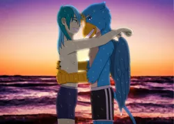 Size: 1916x1364 | Tagged: safe, artist:fantasygerard2000, derpibooru import, gallus, sandbar, anthro, gryphon, human, anthrofied, clothes, embrace, gallbar, gay, humanized, interspecies, looking at each other, male, ocean, partial nudity, ship, shipping, sunset, swimming trunks, tail, topless, wet, wet hair, wings