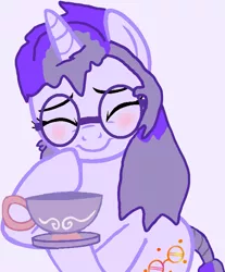 Size: 971x1174 | Tagged: safe, artist:mellow91, derpibooru import, oc, oc:glass sight, unicorn, 1000 hours in ms paint, blushing, cup, cute, eyes closed, food, giggling, glasses, ocbetes, simple background, smiling, solo, tea, teacup