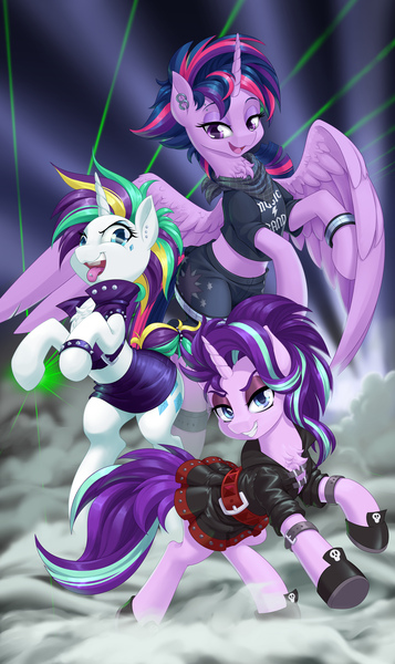 Size: 2286x3840 | Tagged: safe, artist:dstears, derpibooru import, rarity, starlight glimmer, twilight sparkle, twilight sparkle (alicorn), alicorn, unicorn, alternate hairstyle, bracelet, chest fluff, clothes, cutie mark, cutie mark on clothes, ear piercing, earring, edgelight glimmer, eyebrow piercing, eyeshadow, gameloft, gameloft interpretation, high res, hoof shoes, jacket, jewelry, laser, light, makeup, neckerchief, piercing, punk, punklight sparkle, raripunk, skirt, tongue out, tongue piercing, trio