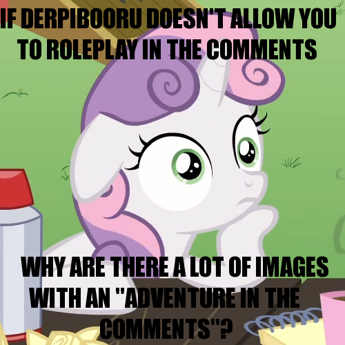 Size: 500x500 | Tagged: safe, derpibooru import, edit, edited screencap, screencap, sweetie belle, unicorn, derpibooru, ponyville confidential, caption, cropped, exploitable meme, floppy ears, hoof on chin, image macro, impact font, meme, meta, obligatory pony, sudden clarity sweetie belle, text