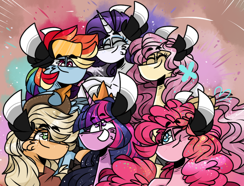 Size: 1020x778 | Tagged: safe, artist:jxst-starly, artist:jxst_star_draws, derpibooru import, applejack, fluttershy, pinkie pie, rainbow dash, rarity, twilight sparkle, alicorn, butterfly, earth pony, insect, pegasus, pony, unicorn, confetti, cowboy hat, crown, goggles, group shot, hat, jewelry, mane six, next gen: the journey of lightning, regalia