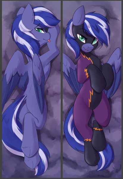 Size: 624x904 | Tagged: safe, artist:beardie, derpibooru import, oc, oc:lightning flare, unofficial characters only, pegasus, pony, body pillow, body pillow design, butt, clothes, costume, cute, female, looking at you, plot, shadowbolts, shadowbolts costume, solo, tongue out