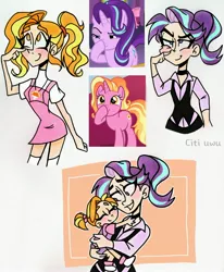 Size: 2510x3049 | Tagged: safe, artist:citi, derpibooru import, screencap, luster dawn, starlight glimmer, human, unicorn, no second prances, the last problem, boop, carrying, cute, cutie mark accessory, faic, female, glimmerposting, humanized, like mother like daughter, like parent like child, mama starlight, meme, mother and child, mother and daughter, offspring, parent:starlight glimmer, parent:sunburst, parents:starburst, runs in the family, scene interpretation, screencap reference, self-boop, younger