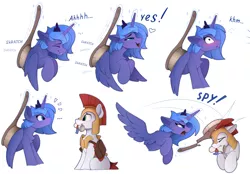 Size: 2300x1604 | Tagged: safe, artist:yakovlev-vad, derpibooru import, princess luna, alicorn, earth pony, pony, ..., :t, abuse, angry, armor, back scratching, blushing, bonk, brush, brushie, brushing, caught, chest fluff, colored, cute, duo, ear fluff, emanata, embarrassed, eye contact, eyes closed, female, floppy ears, frown, galea, glare, glowing horn, grin, heart, helmet, hitting, horn, image, it was at this moment that he knew he fucked up, leg fluff, levitation, lidded eyes, lip bite, looking at each other, lunabetes, madorable, magic, magic aura, male, mare, mouth hold, no, onomatopoeia, open mouth, png, royal guard, royal guard armor, s1 luna, scratching, scroll, simple background, sitting, smack, smiling, spread wings, spy, stallion, sweat, sweatdrop, telekinesis, text, wall of tags, white background, wide eyes, wings