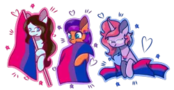 Size: 1062x547 | Tagged: safe, artist:kb-gamerartist, derpibooru import, oc, oc:jade the pegasus, oc:krissy, oc:lilac, unofficial characters only, earth pony, pegasus, pony, unicorn, bisexual pride flag, cute, ear piercing, earring, eyes closed, female, flag, glasses, heart, jewelry, mare, necklace, piercing, pride, pride flag, simple background, transparent background