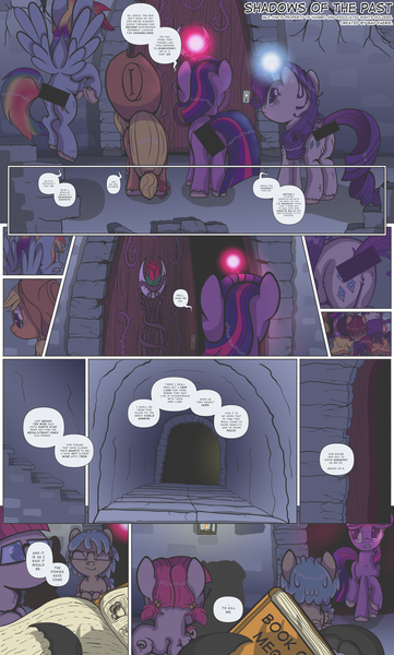 Size: 3000x4983 | Tagged: safe, artist:perfectblue97, derpibooru import, applejack, rainbow dash, rarity, twilight sparkle, earth pony, pegasus, pony, unicorn, comic:shadows of the past, applejack's hat, butt, censor bar, censored, comic, cowboy hat, door, female, filly, flower, glowing horn, hat, horn, mare, modesty rectangle, plot, rose, unicorn twilight, unnecessary censorship