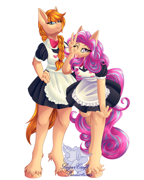 Size: 768x960 | Tagged: safe, artist:lilac blaze, derpibooru import, oc, oc:dusty britches, oc:panty raid, unofficial characters only, anthro, earth pony, unguligrade anthro, ;p, bowtie, braid, clothes, colored, female, hoof fluff, looking at you, maid, one eye closed, peace sign, simple background, tongue out, transparent background, two toned mane, wink, winking at you