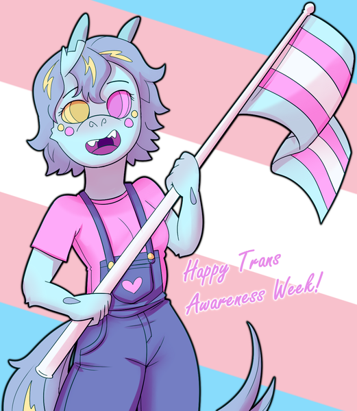 Size: 1230x1417 | Tagged: safe, artist:lawrence alpaca, derpibooru import, oc, oc:stargrazer, anthro, changeling, anthro oc, changeling oc, clothes, heterochromia, overalls, pride, pride flag, transgender, transgender pride flag