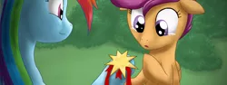 Size: 960x360 | Tagged: safe, artist:rautakoura, derpibooru import, rainbow dash, scootaloo, pegasus, pony, badge, crying, duo, female, filly, floppy ears, mare, my little investigations, scootalove, surprised, teary eyes