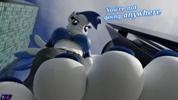 Size: 3840x2160 | Tagged: suggestive, artist:shadowboltsfm, derpibooru import, oc, oc:striker blue, anthro, pegasus, plantigrade anthro, pony, 3d, 4k, barefoot, blender, breasts, dialogue, feet, female, fetish, foot fetish, giant anthro, giant pony, giantess, looking at you, looking down, looking down at you, macro, nail polish, offscreen character, pov, size difference, toes, underfoot
