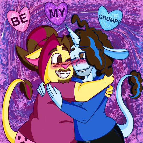 Size: 2048x2048 | Tagged: safe, artist:artmama113, derpibooru import, oc, unofficial characters only, anthro, unicorn, abstract background, blushing, clothes, game grumps, gay, grin, heart, horn, hug, male, oc x oc, one eye closed, shipping, smiling, unicorn oc, wink