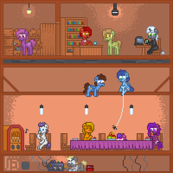 Size: 800x800 | Tagged: safe, artist:vohd, derpibooru import, oc, oc:fading, oc:maple wood, oc:sky gamer, unofficial characters only, earth pony, pegasus, pony, spider, unicorn, animated, barrel, chair, commission, frame by frame, fruit, pixel art, sitting, table, ych result