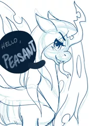 Size: 3000x4200 | Tagged: safe, artist:reallycoykoifish, derpibooru import, queen chrysalis, changeling, changeling queen, female, horn, jagged horn, looking at you, monochrome, peasant, side view, sketch, talking to viewer, tongue out