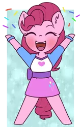 Size: 908x1407 | Tagged: safe, artist:puetsua, derpibooru import, pinkie pie, ponified, anthro, pony, unguligrade anthro, equestria girls, blushing, chibi, confetti, cute, diapinkes, ear fluff, equestria girls ponified, eyes closed, female, happy, open mouth, smiling, solo