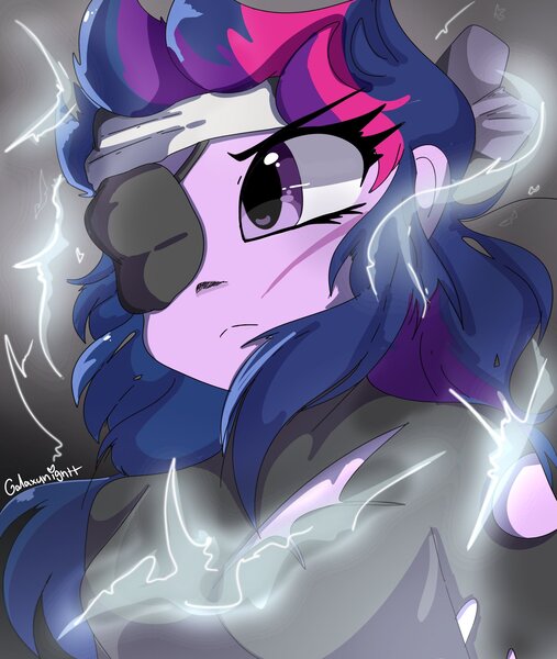 Size: 1623x1920 | Tagged: safe, artist:galaxynightt, derpibooru import, twilight sparkle, equestria girls, it's about time, bandana, bust, clothes, equestria girls interpretation, eyepatch, female, future twilight, headband, magic, messy hair, scar, scene interpretation, skinsuit, solo, torn clothes