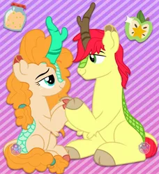 Size: 1280x1404 | Tagged: safe, artist:lovinglypromise, derpibooru import, bright mac, pear butter, kirin, brightbutter, female, holding hooves, kirinified, looking at each other, male, shipping, species swap, straight