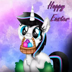 Size: 1080x1080 | Tagged: safe, artist:rxndxm.artist, derpibooru import, oc, oc:shooting star, unofficial characters only, pony, unicorn, abstract background, eyelashes, female, happy easter, horn, mare, mouth hold, slowpoke, smiling, solo, to saddlebags and back again, unicorn oc