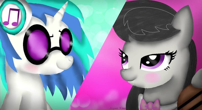 Size: 1080x589 | Tagged: safe, alternate version, artist:rxndxm.artist, derpibooru import, octavia melody, vinyl scratch, earth pony, pony, unicorn, slice of life (episode), blushing, bowtie, bust, colored, duo, female, headphones, mare, smiling, sunglasses