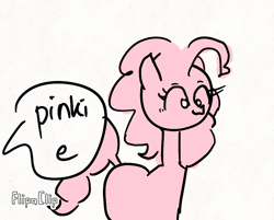 Size: 894x720 | Tagged: artist needed, source needed, safe, derpibooru import, pinkie pie, animated, blinking, frame by frame, monochrome, offscreen character, solo, speech bubble