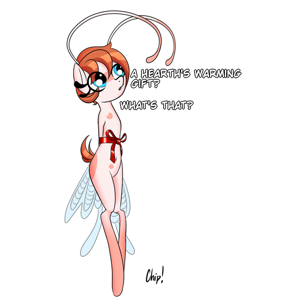 Size: 1900x1900 | Tagged: safe, artist:plaguemare, derpibooru import, oc, oc:chip breeze, unofficial characters only, breezie, antennae, big eyes, body markings, bondage, bow, breezie oc, christmas, dialogue, gift wrapped, hearth's warming eve, holiday, offscreen character, ribbon, short hair, short mane, short tail, simple background, white background, wings