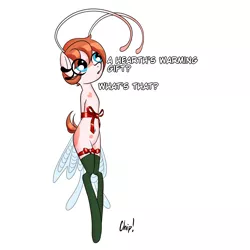 Size: 1900x1900 | Tagged: safe, alternate version, artist:plaguemare, derpibooru import, oc, oc:chip breeze, unofficial characters only, breezie, antennae, big eyes, body markings, bondage, bow, breezie oc, christmas, clothes, dialogue, garters, gift wrapped, hearth's warming eve, holiday, offscreen character, ribbon, short hair, short mane, short tail, simple background, socks, thigh garters, thigh highs, white background, wings