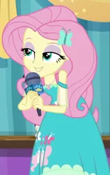 Size: 539x860 | Tagged: safe, derpibooru import, screencap, fluttershy, best in show: the pre-show, equestria girls, equestria girls series, spoiler:eqg series (season 2), cropped, microphone, solo
