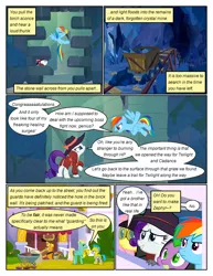 Size: 612x792 | Tagged: safe, artist:newbiespud, derpibooru import, edit, edited screencap, screencap, fluttershy, rainbow dash, rarity, spike, zephyr breeze, dragon, pegasus, pony, comic:friendship is dragons, brick, cave, clothes, comic, costume, dangerous mission outfit, detective rarity, dialogue, female, glowing horn, goggles, hat, helmet, hiding, hoodie, hoof hold, horn, magic, male, mare, royal guard, royal guard zephyr breeze, screencap comic, stallion, sun hat, telekinesis
