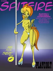 Size: 3000x4000 | Tagged: suggestive, artist:greeneyedmistress, derpibooru import, spitfire, pegasus, pony, semi-anthro, bedroom eyes, clothes, collar, female, high heels, leash, lipstick, makeup, mare, pet play, playboy, pole dancing, poster, shoes, solo, solo female, stripper pole, text, tongue out