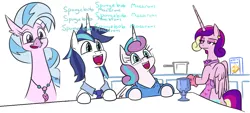 Size: 1182x536 | Tagged: safe, artist:jargon scott, derpibooru import, edit, princess cadance, princess flurry heart, shining armor, silverstream, alicorn, classical hippogriff, hippogriff, pony, unicorn, :d, apron, bipedal, bust, cadance is not amused, chalice, clothes, cooking, cute, daughters gonna daughter, diastreamies, father and child, father and daughter, fathers gonna father, female, flurrybetes, food, glasses, housewife, husband and wife, jewelry, kitchen, like father like daughter, like parent like child, macaroni, male, mare, mother and child, mother and daughter, necklace, necktie, nerd, nerdy heart, older, older flurry heart, oven mitts, pasta, shining adorable, simple background, smiling, stallion, sweater, unamused, white background