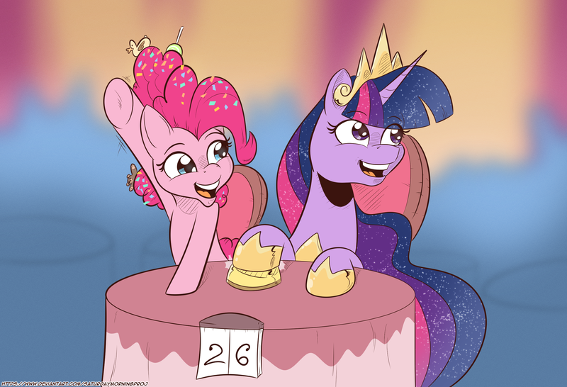 Size: 2550x1741 | Tagged: safe, artist:saturdaymorningproj, derpibooru import, pinkie pie, princess twilight 2.0, twilight sparkle, twilight sparkle (alicorn), alicorn, earth pony, pony, a trivial pursuit, the last problem, bell, candy, crown, cute, ethereal mane, female, food, happy, hoof shoes, jewelry, lollipop, mare, older, older pinkie pie, older twilight, open mouth, regalia, rubber duck, teddy bear