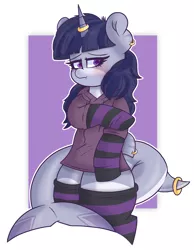 Size: 3011x3881 | Tagged: safe, artist:retro_hearts, derpibooru import, oc, oc:sparkling whitefin, unofficial characters only, original species, shark, shark pony, bipedal, blushing, clothes, jewelry, ring, shy, simple background, socks, striped socks, white background