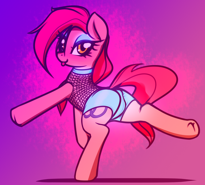 Size: 2235x2019 | Tagged: suggestive, artist:jetwave, derpibooru import, oc, oc:dala vault, unofficial characters only, earth pony, pony, bust, clothes, dance shorts, dancing, earth pony oc, eyeshadow, female, fishnet clothing, fishnets, glowing bottomwear, glowing makeup, gradient background, looking back, makeup, mare, on one leg, rear view, sexy, shorts, solo, solo female, tongue out