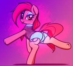 Size: 2235x2019 | Tagged: suggestive, artist:jetwave, derpibooru import, oc, oc:dala vault, unofficial characters only, earth pony, pony, bust, clothes, dance shorts, dancing, earth pony oc, eyeshadow, female, fishnet clothing, fishnets, glowing bottomwear, glowing makeup, gradient background, looking back, makeup, mare, on one leg, rear view, sexy, shorts, solo, solo female, tongue out