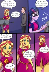 Size: 2250x3300 | Tagged: safe, artist:caiman2, derpibooru import, sci-twi, sunset shimmer, twilight sparkle, oc, human, equestria girls, spring breakdown, clothes, dialogue, female, giantess, glasses, hands in pockets, hoodie, legs, lidded eyes, looking at you, looking down, macro, offscreen character, pockets, pov, raised eyebrows, shrink ray, shrinking, smiling, word bubble