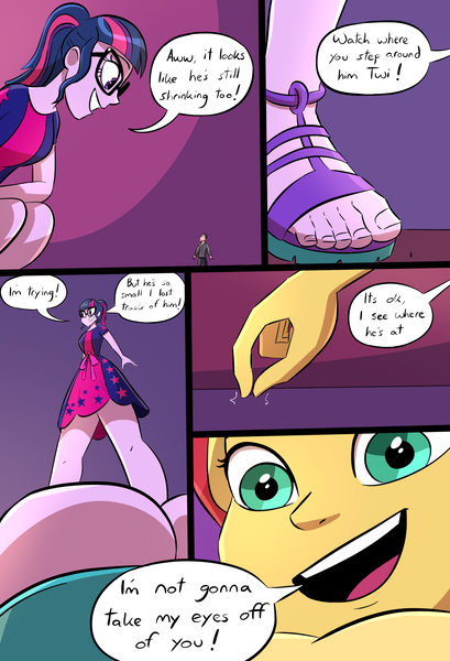 Size: 2250x3300 | Tagged: safe, artist:caiman2, derpibooru import, sci-twi, sunset shimmer, twilight sparkle, oc, human, equestria girls, spring breakdown, clothes, comic, dialogue, feet, female, fetish, giantess, glasses, hoodie, legs, long sleeves, looking at you, looking down, looking down at you, looking up, macro, micro, sandals, shrunken, smiling, toes, word balloon