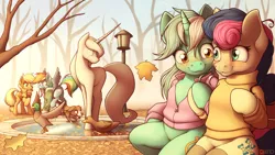 Size: 3840x2160 | Tagged: safe, artist:ohemo, derpibooru import, applejack, bon bon, lyra heartstrings, rainbow dash, sweetie drops, winona, bird, dog, duck, earth pony, pegasus, pony, semi-anthro, unicorn, autumn, bench, canon ship, clothes, female, holding hooves, jacket, lamppost, leaf, leaves, lesbian, lyrabon, mare, mouth hold, scarf, scenery, shipping, sitting, smiling, statue, sweater, tongue out