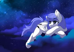 Size: 3508x2480 | Tagged: safe, artist:arctic-fox, derpibooru import, oc, oc:snow pup, unofficial characters only, pegasus, pony, cloud, cloudy, crossed arms, female, folded wings, galaxy, laying on a cloud, looking away, lying down, mare, night, on a cloud, pegasus oc, scenery, smiling, solo, stars, wings