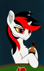 Size: 1600x2560 | Tagged: safe, artist:boo, derpibooru import, oc, oc:blackjack, unofficial characters only, pony, unicorn, fallout equestria, fallout equestria: project horizons, abstract background, alcohol, card, fanfic art, horn, small horn, solo, whiskey, wild pegasus
