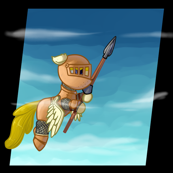 Size: 1200x1200 | Tagged: safe, artist:neuro, derpibooru import, oc, oc:artemis sparkshower, unofficial characters only, pegasus, fanfic:everyday life with guardsmares, armor, chainmail, cloud, everyday life with guardsmares, flying, pegasus oc, plate armor, royal guard, spear, weapon, wings