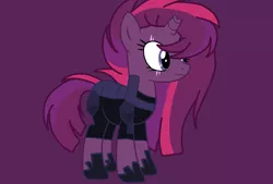 Size: 1850x1250 | Tagged: safe, artist:circuspaparazzi5678, derpibooru import, oc, oc:shadow dusk, pony, unicorn, armored pony, base used, broken horn, clothes, horn, magical lesbian spawn, offspring, parent:tempest shadow, parent:twilight sparkle, parents:tempestlight, purple background, simple background, solo