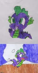 Size: 500x944 | Tagged: abuse, artist:and now... a derpibooru user, broken eggs, derpibooru import, dragon, drawing, egg, horse play, it ain't easy being breezies, safe, scene interpretation, solo, spike, spikeabuse