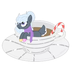 Size: 1700x1700 | Tagged: safe, artist:katelynleeann42, derpibooru import, oc, oc:cuddles, earth pony, pony, candy, candy cane, clothes, cup, cup of pony, deer tail, female, food, mare, micro, scarf, simple background, solo, transparent background