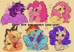 Size: 2236x1586 | Tagged: safe, artist:hotlineori, derpibooru import, edit, applejack, fluttershy, pinkie pie, rainbow dash, rarity, twilight sparkle, twilight sparkle (alicorn), alicorn, earth pony, pegasus, pony, unicorn, apple, bust, chest fluff, cowboy hat, cute, ear piercing, eating, element of generosity, female, food, hat, mane six, mare, open mouth, piercing, portrait, smiling, unshorn fetlocks