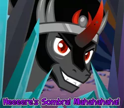 Size: 885x768 | Tagged: safe, derpibooru import, edit, edited screencap, screencap, king sombra, pony, unicorn, the beginning of the end, antagonist, caption, crown, crystal, curved horn, evil, evil smirk, funny, grin, horn, image macro, jewelry, male, reference, regalia, sharp teeth, slit eyes, smiling, smirk, solo, stallion, teeth, text, the shining