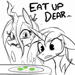 Size: 1200x1200 | Tagged: safe, artist:tjpones, derpibooru import, queen chrysalis, shining armor, changeling, changeling queen, pony, unicorn, changeling egg, egg, female, floppy ears, fried egg, green eggs, infidelity, male, monochrome, neo noir, partial color, shining chrysalis, shipping, simple background, stallion, straight, white background