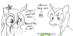 Size: 2400x1200 | Tagged: suggestive, artist:tjpones, derpibooru import, queen chrysalis, shining armor, changeling, changeling queen, pony, unicorn, changeling egg, comic, cursed, dialogue, egg, female, fried egg, funny, green eggs, implied oviposition, infidelity, male, monochrome, neo noir, partial color, shining chrysalis, shipping, simple background, stallion, straight, white background