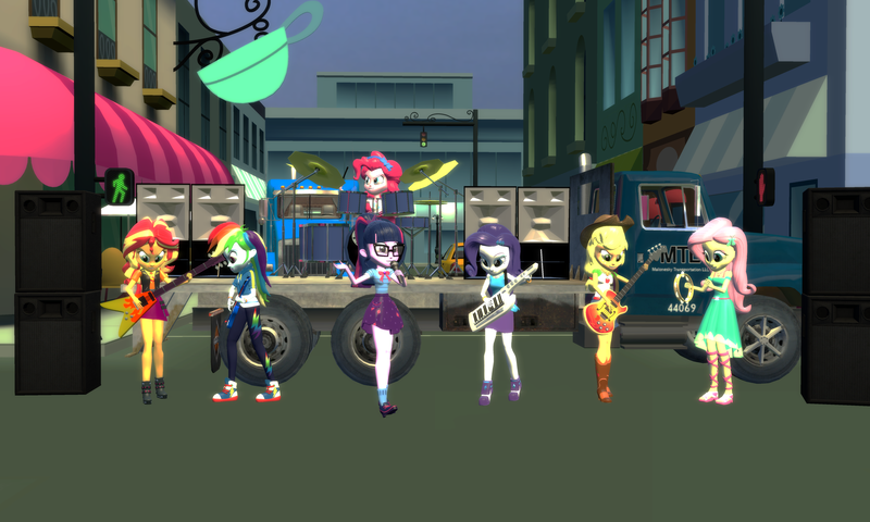 Size: 5120x3072 | Tagged: safe, artist:n3onh100, derpibooru import, applejack, fluttershy, pinkie pie, rainbow dash, rarity, sci-twi, sunset shimmer, twilight sparkle, equestria girls, equestria girls series, bass guitar, drums, guitar, humane five, humane seven, humane six, microphone, musical instrument, speakers, street, tambourine, the rainbooms, truck