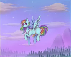 Size: 990x800 | Tagged: safe, artist:saltyvity, derpibooru import, rainbow dash, pegasus, pony, :3, flying, missing cutie mark, scenic background, solo, starry eyes, stars, wingding eyes