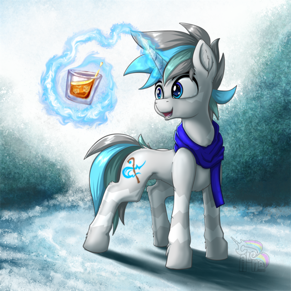 Size: 800x800 | Tagged: safe, artist:calena, derpibooru import, oc, oc:whitefrost, unofficial characters only, pony, unicorn, adorable face, alcohol, bush, clothes, cold, cute, ice, scarf, snow, solo, whiskey